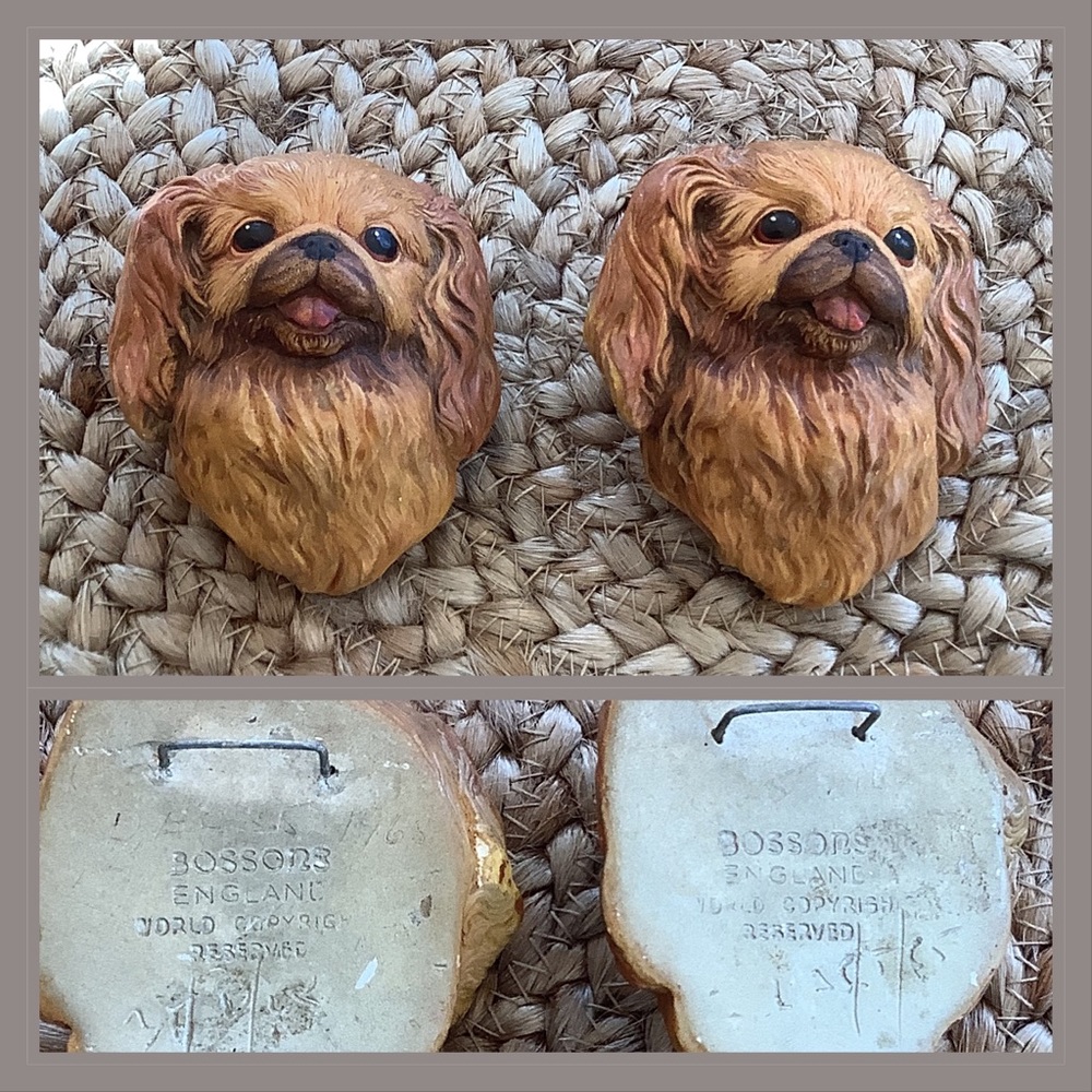 Chalkware Bossons Pekinese Dogs Head Hanging Plaque Vintage Mid-century 2 pc set